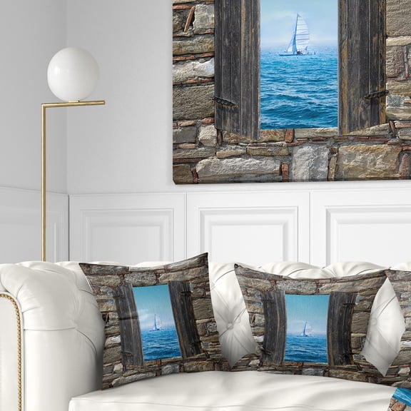 Designart Window Open To Sailing Boat - Seascape Throw Pillow - 16x16