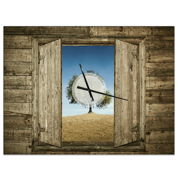 Designart 'Window Open To Solitary Tree' Farmhouse wall clock