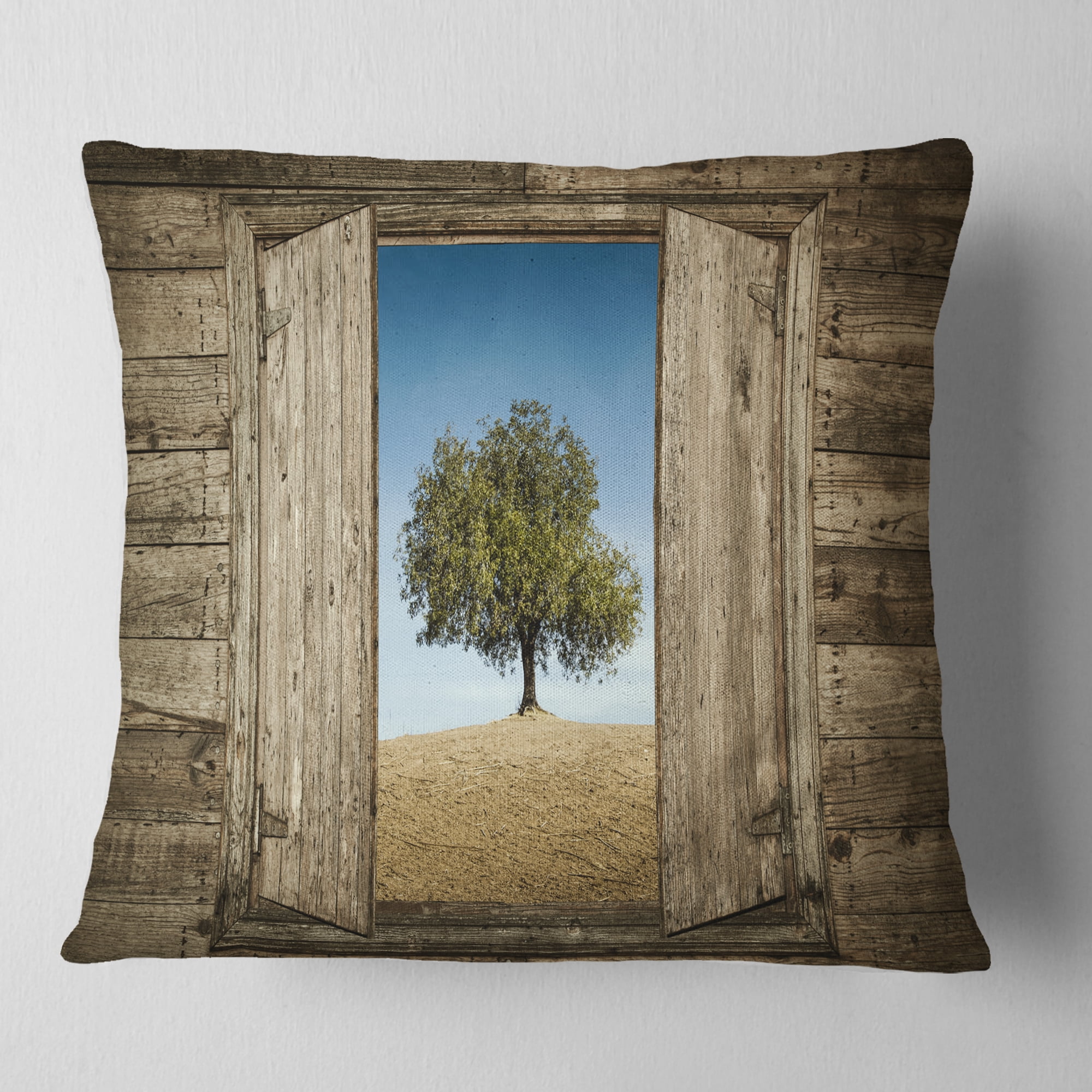 Designart Window Open To Solitary Tree - Modern Landscape Printed Throw Pillow - 16x16