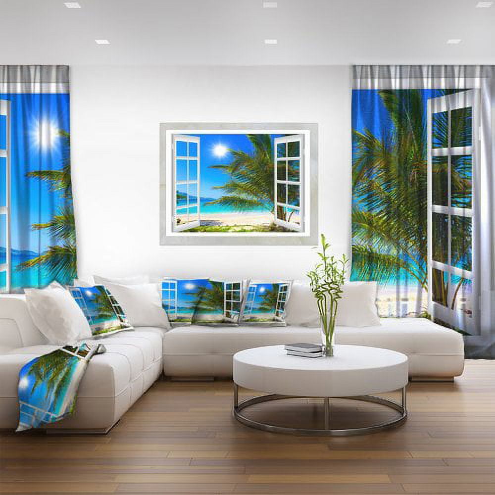 Designart 'Window Open to Beach with Palm ' Extra Large Seashore Canvas Art