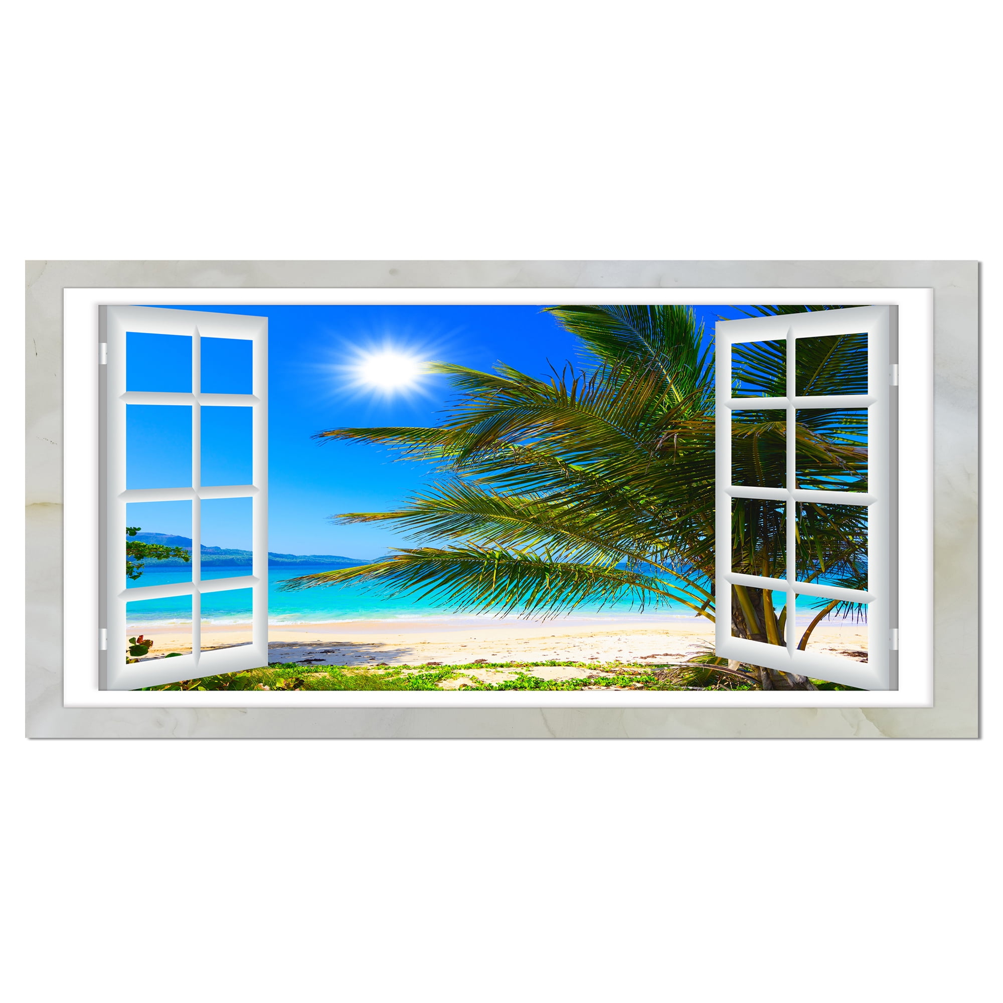 Designart 'Window Open to Beach with Palm ' Extra Large Seashore Canvas Art