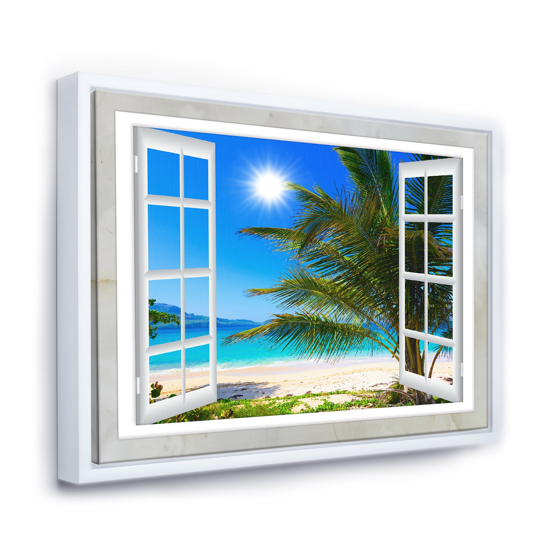Designart ' Window Open to Beach with Palm ' Extra Large Seashore Framed Canvas Art