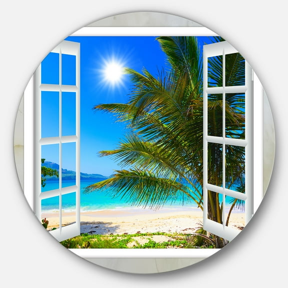 Designart 'Window Open to Beach with Palm' Extra Large Seashore Metal Circle Wall Art