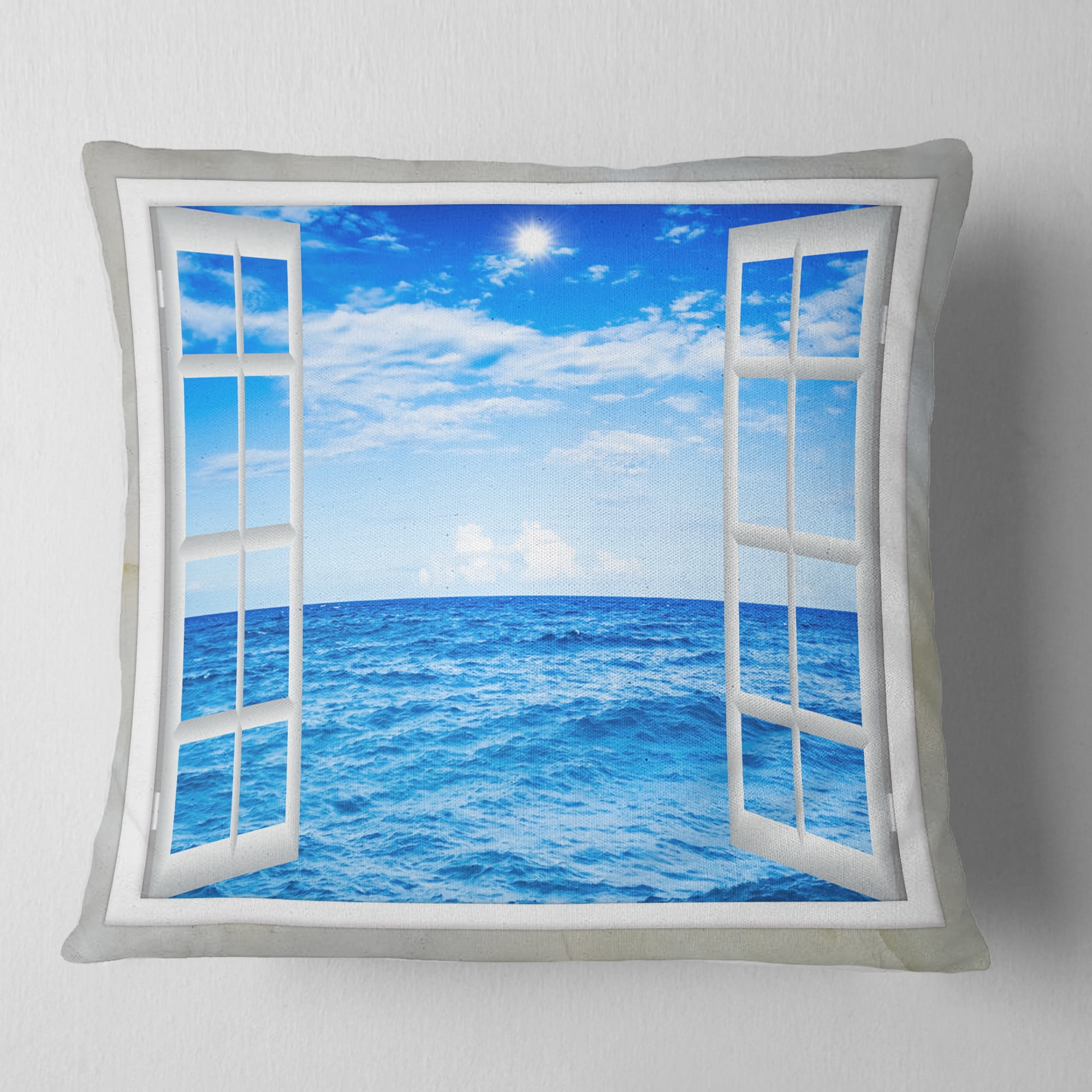 Designart Window Open to Blue Wavy Ocean - Seashore Throw Pillow - 16x16