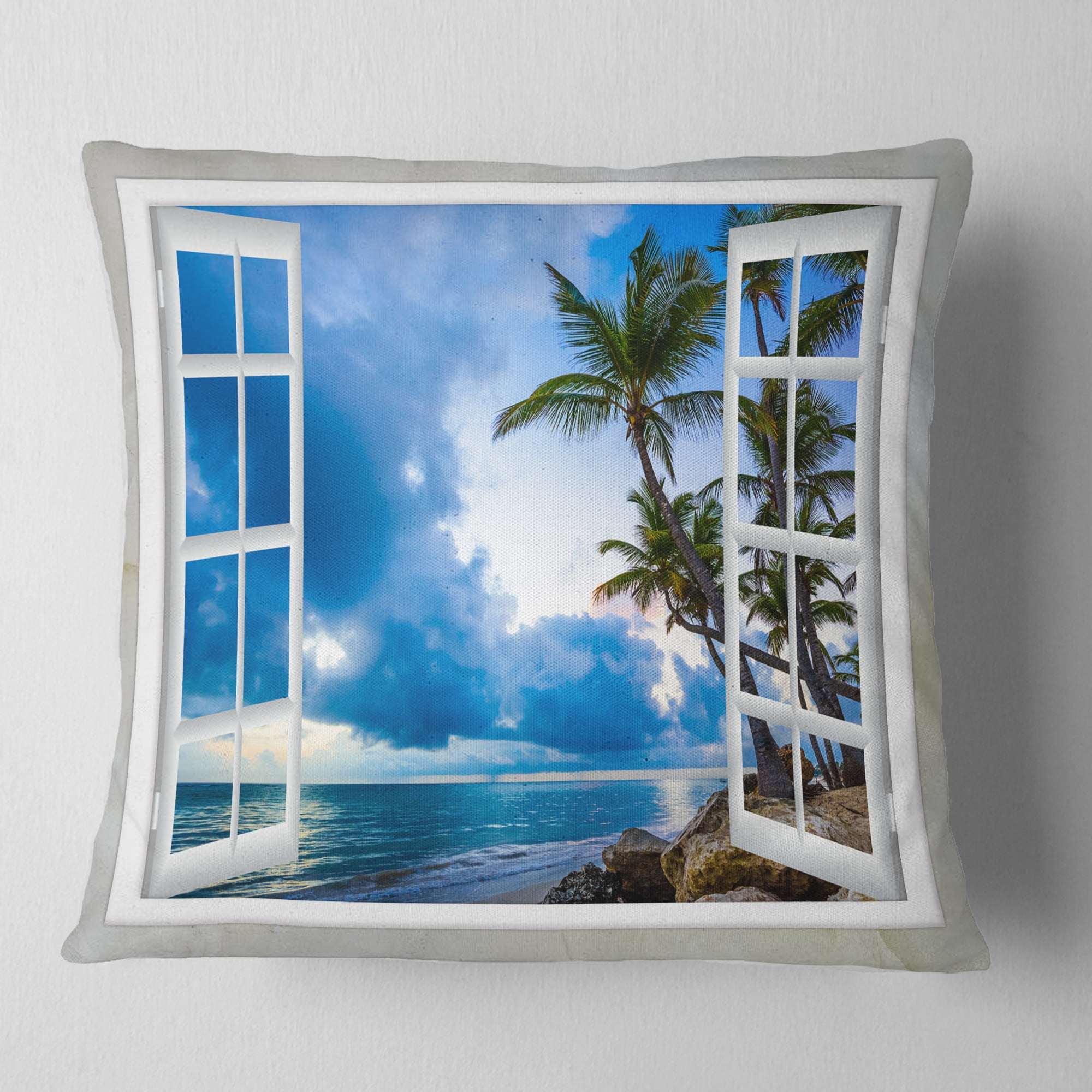 Designart Window Open to Cloudy Blue Sky - Landscape Wall Throw Pillow - 16x16