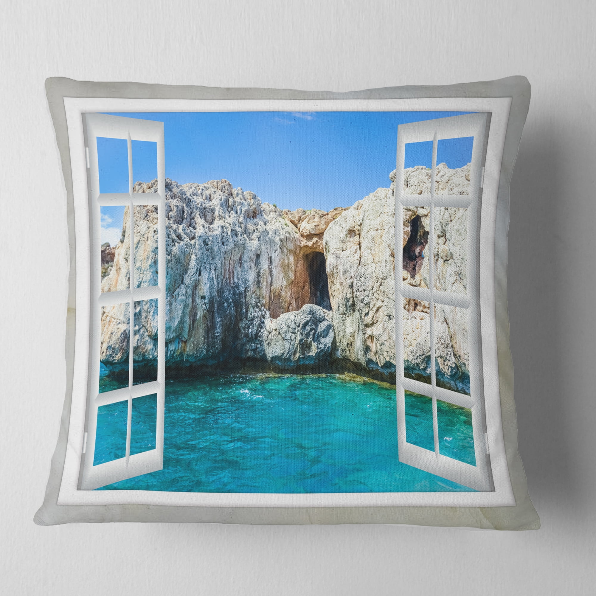Designart Window Open to Sunny Summer Sea - Seashore Throw Pillow - 16x16