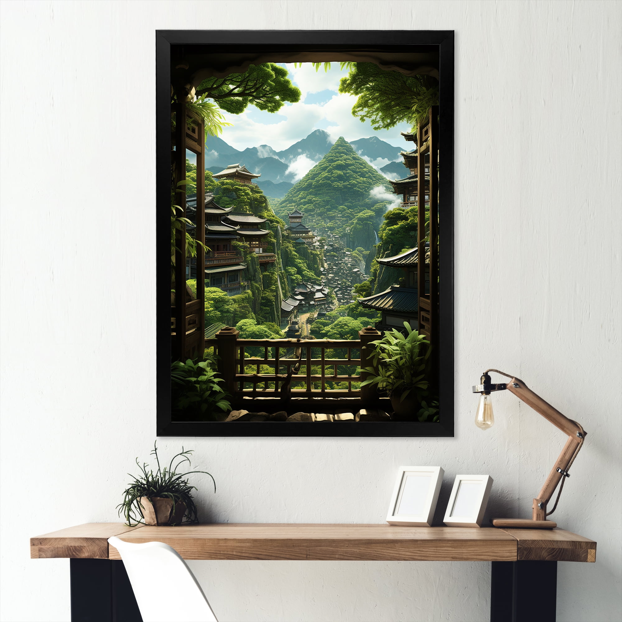 Designart "Window View of Japan Gardens II" Landscapes Framed Wall Art