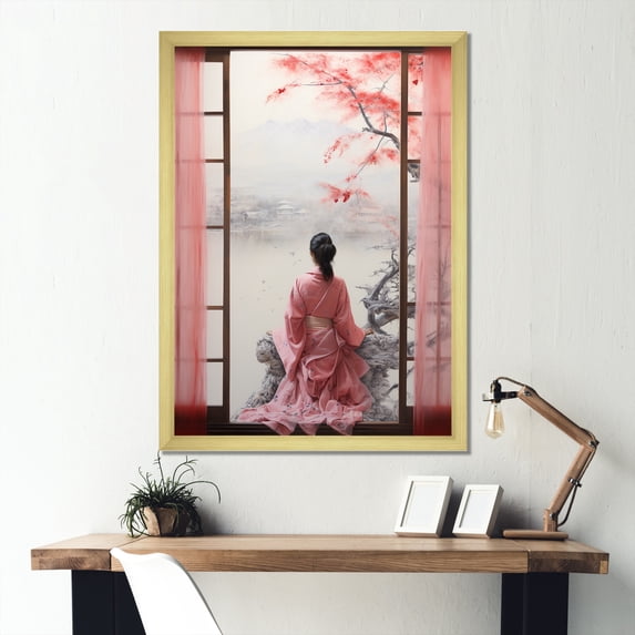 Designart "Window View of Japan with Pink Woman II" Landscapes Framed Wall Art - Traditional Pink Japan Entryway Framed Wall Art Print