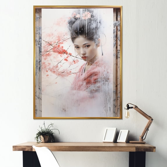 Designart "Window View of Japan with Pink Woman III" Landscapes Framed Wall Art - Traditional Pink Japan Entryway Framed Wall Art