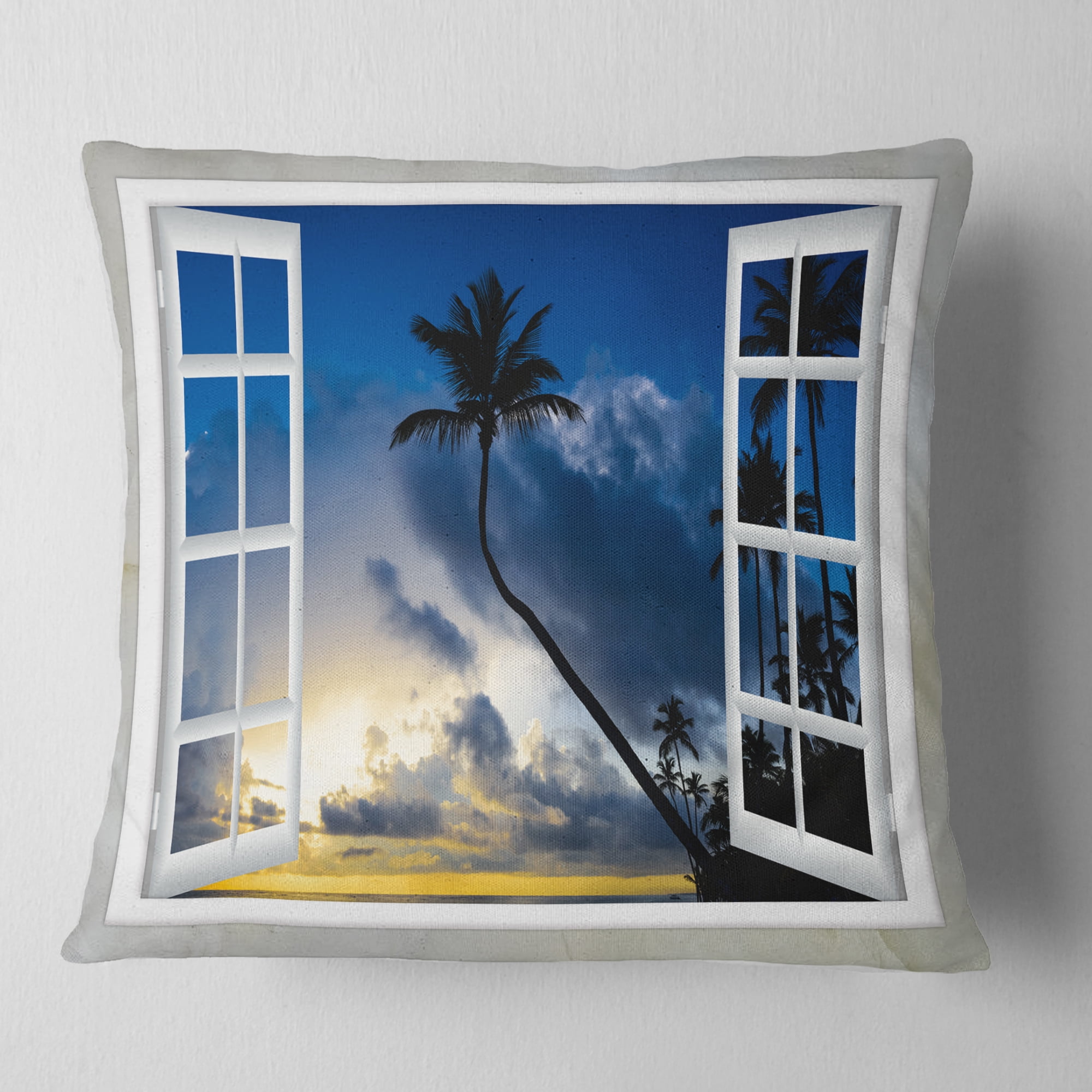Designart Window to Beach with Coconut Palms - Landscape Printed Throw Pillow - 16x16