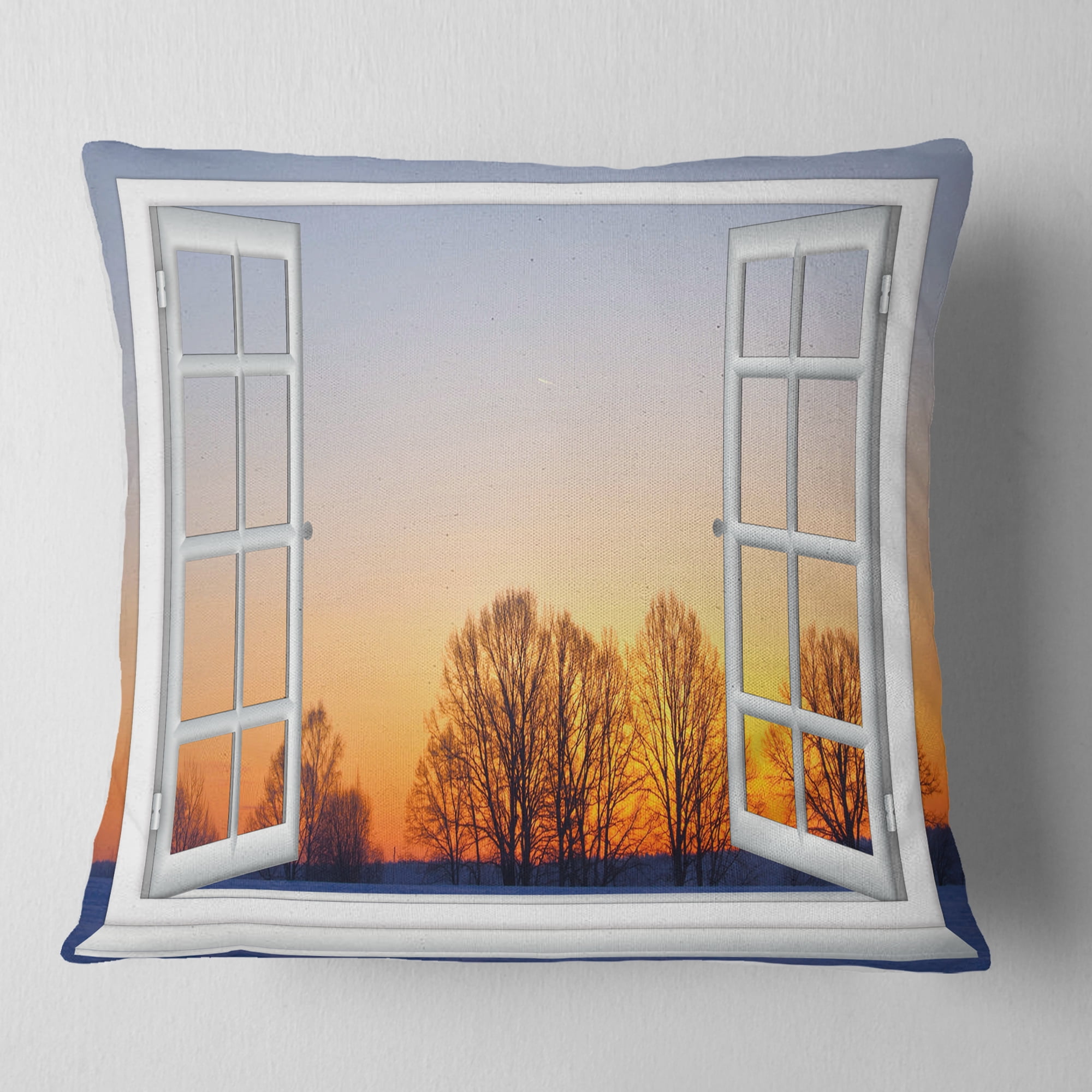 Designart Window to Sunset over the Snow - Landscape Wall Throw Pillow - 18x18