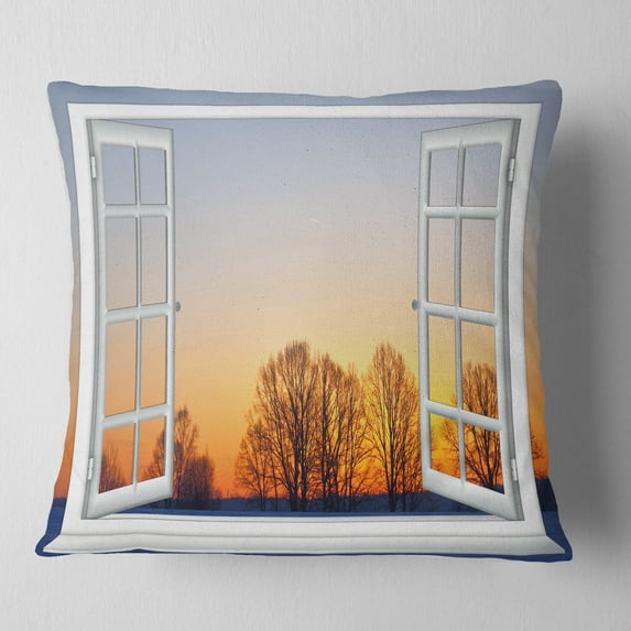 Designart Window to Sunset over the Snow - Landscape Wall Throw Pillow - 18x18