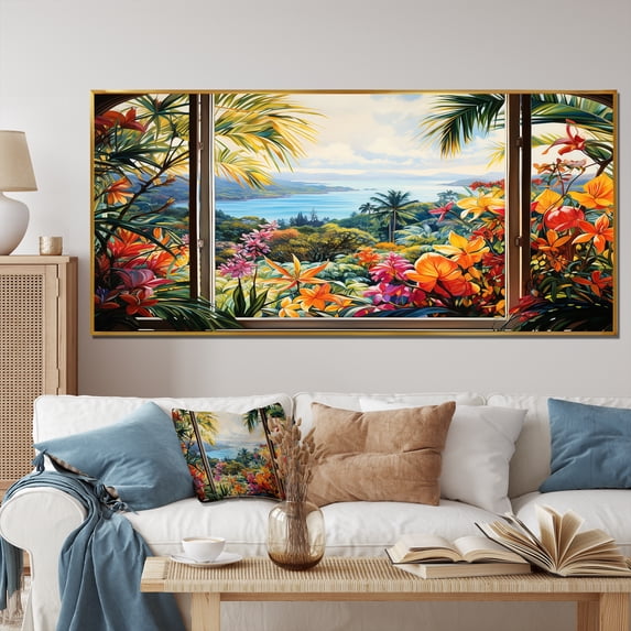 Designart "Windows View Blooms Tropical Serenity IV" Extra Large Coastal Framed Wall Art - Coastal Green Coastal Windows Bedroom Framed Canvas Wall Art
