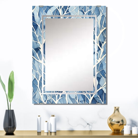 Designart "Windy Beauty in White & Blue Trees III" Tree Oversized Wall Mirror - Country Landscapes Bathroom Wall Mirror Decor - Multiple Color Options