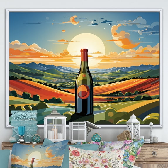 Designart "Wine Bottles Amidst Italian Landscapes II" Food & Beverage Framed Wall Art - Traditional Red Wine Living Room Framed Canvas Art