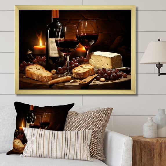 Designart "Wine & Cheese Delight Charcuterie Board Radiance" Food & Beverage Framed Wall Art Decor - Traditional Brown Wine Entryway Framed Wall Art