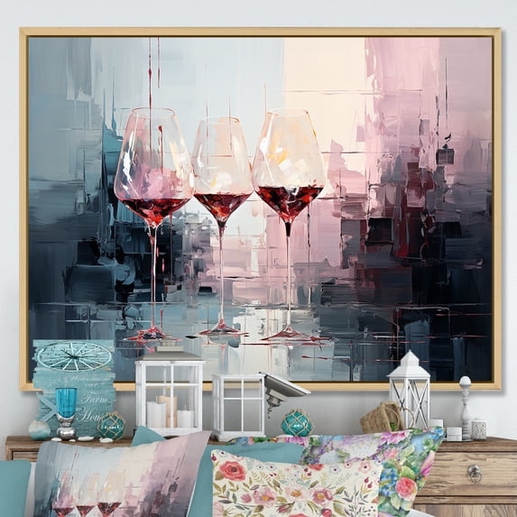 Designart "Wine Collage Deep Glasses" Food & Beverage Framed Wall Art - Traditional Green Wine Bedroom Framed Canvas Wall Art