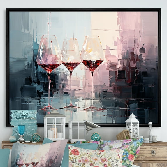 Designart "Wine Collage Deep Glasses" Food & Beverage Framed Wall Art - Traditional Green Wine Bedroom Framed Canvas Wall Art