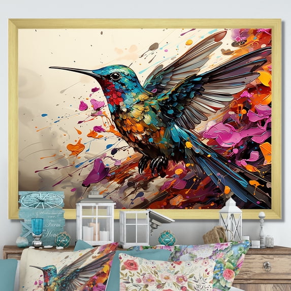 Designart "Wingbeat Wonder of Colorful Hummingbird V" Animals Framed Wall Art Decor - Modern Farmhouse Pink Hummingbird Bedroom Framed Canvas Wall Art