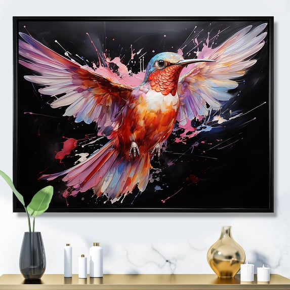 Designart "Wingbeat Wonder of Colorful Hummingbird II" Animals Framed Wall Art - Modern Farmhouse Colorful Hummingbird Bedroom Framed Canvas Wall Art