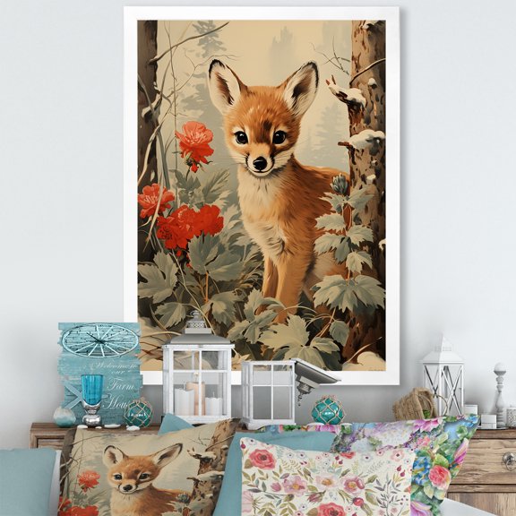 Designart "Winter Adventure with Brown Deer I" Animals Framed Wall Art - Traditional Brown Fox Entryway Framed Wall Art Print