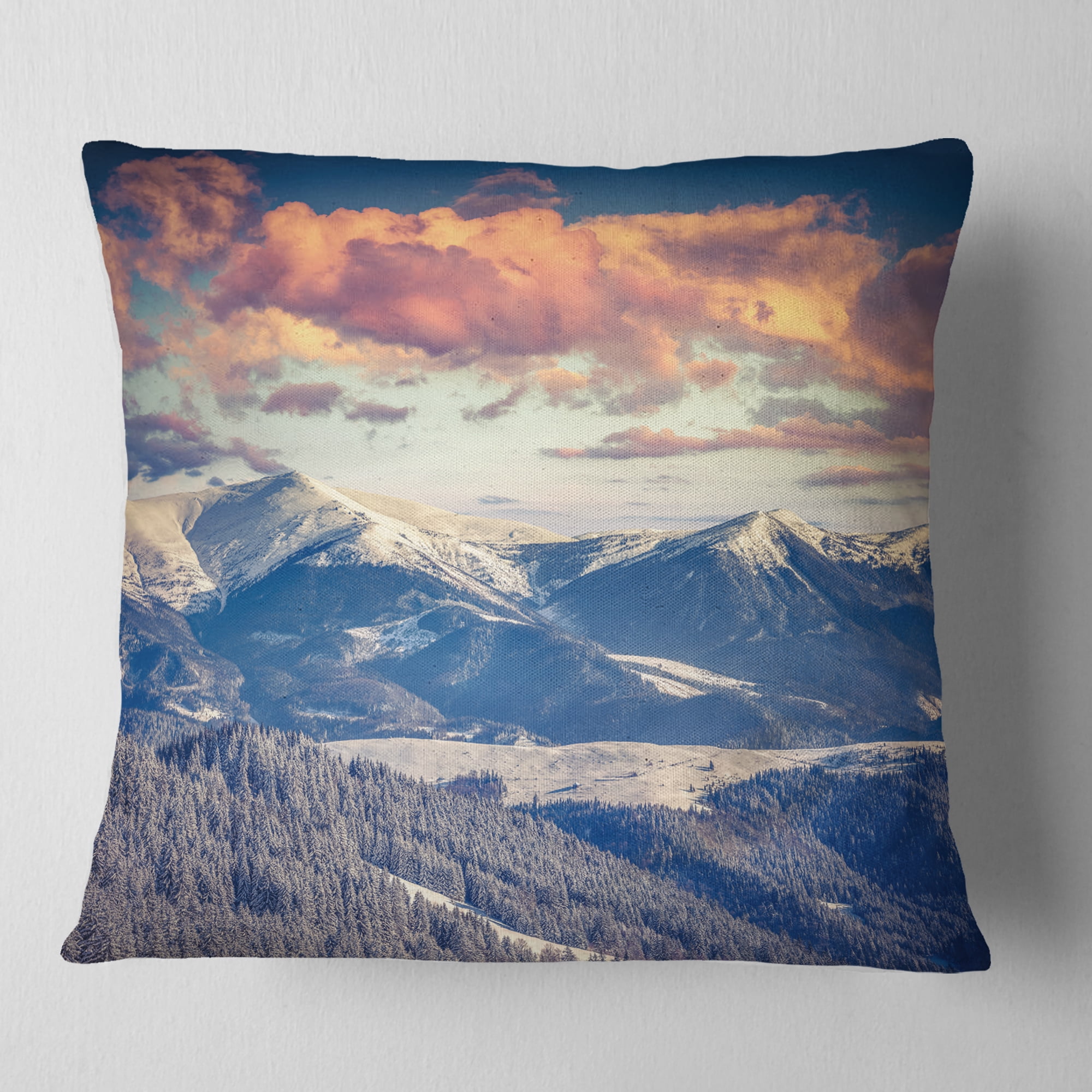 Designart Winter Alpine Sunset over Hills - Landscape Printed Throw Pillow - 16x16