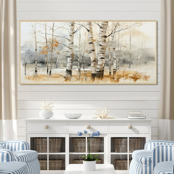 Designart "Winter Birch Wood Forest Frosty Wonderland I" Oversized Floral Framed Wall Art - Traditional Yellow Tree Birch Bedroom Framed Canvas Wall Art