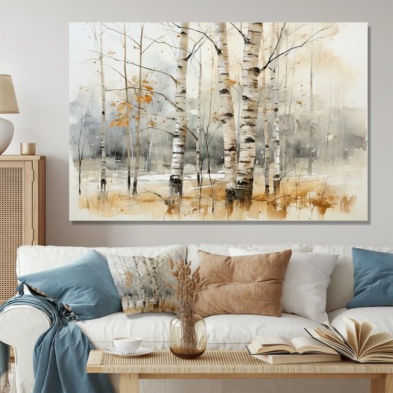 Designart "Winter Birch Wood Forest Frosty Wonderland I" Oversized Floral Wall Art - Traditional Yellow Tree Birch Entryway Wall Art