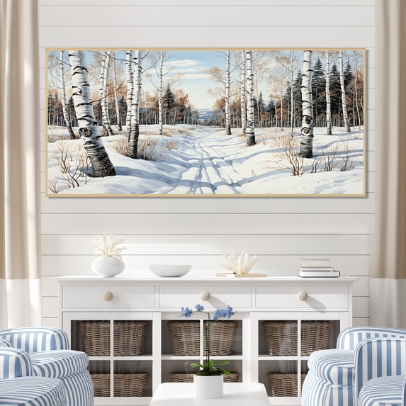 Designart "Winter Birch Wood Forest Frosty Wonderland II" Extra Large Floral Framed Wall Art - Traditional Yellow Tree Birch Entryway Framed Wall Art Print