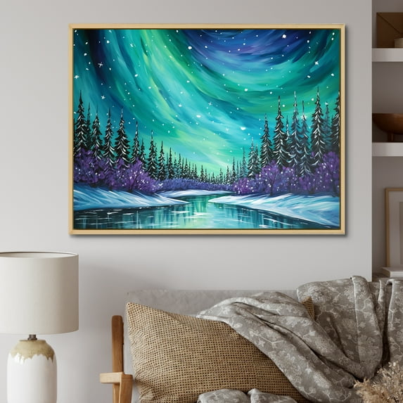 Designart "Winter Charm Of Green Northern Lights I" Northern Lights Floater Framed Canvas Prints