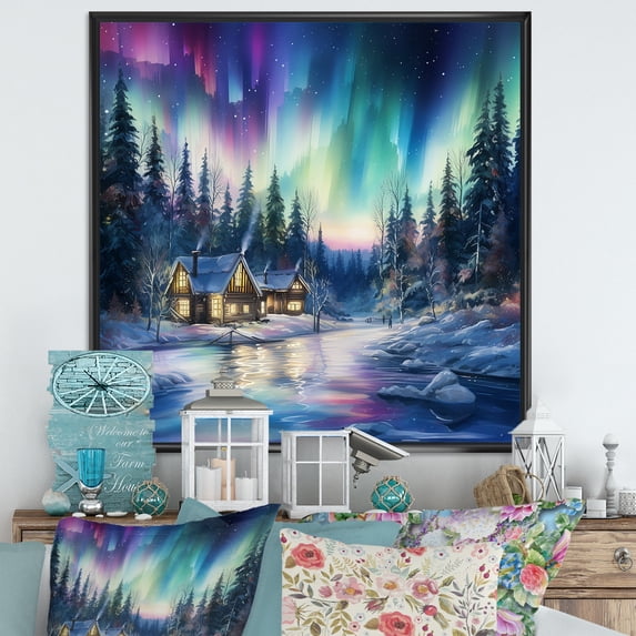 Designart "Winter Charm Of The Northern Lights I" Northern Lights Floater Framed Canvas Art Print