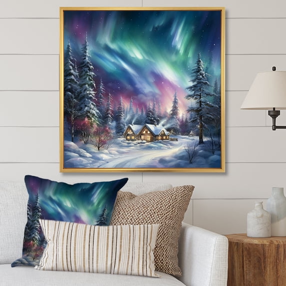Designart "Winter Charm Of The Northern Lights III" Northern Lights Floater Framed Wall Art Living Room