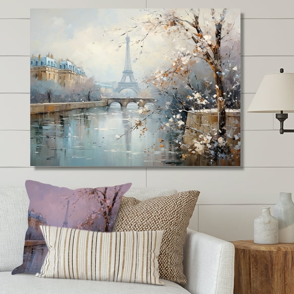 Designart "Winter Charm Parisian Eiffel Tower Views I" Oversized Cityscapes Wall Art - Industrial Blue Paris Bedroom Canvas Wall Art