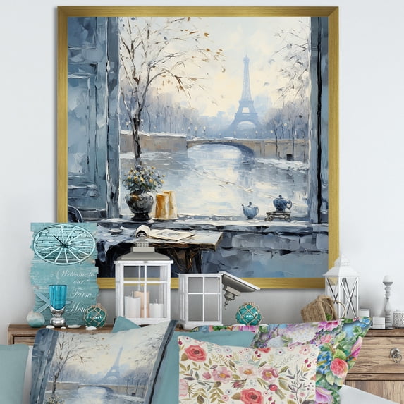 Designart "Winter Charm Parisian Eiffel Tower Views III" Cityscapes Framed Wall Art Decor - Industrial Blue Paris Living Room Framed Canvas Art
