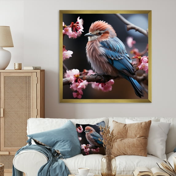 Designart "Winter Charm Pink Bird I" Animals Framed Wall Art Decor - Modern Pink Bird Entryway Framed Wall Art Print