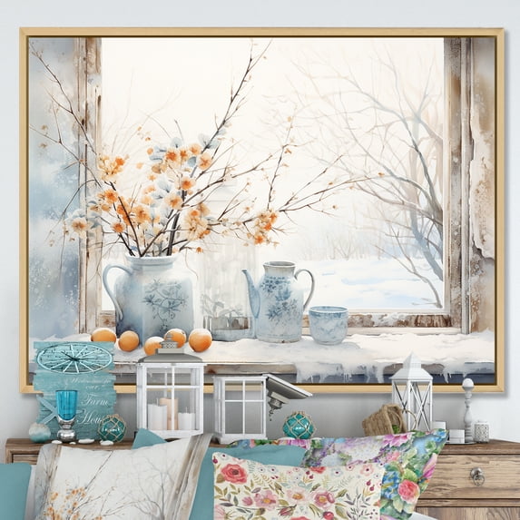 Designart "Winter Charm of Cottage Window III" Farm Framed Wall Art - Country Beige Farm Windows Entryway Framed Wall Art