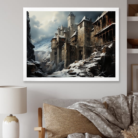 Designart "Winter Charm of a Medieval Castle IV" Architecture Framed Wall Art Decor - Traditional White Castles Entryway Framed Wall Art