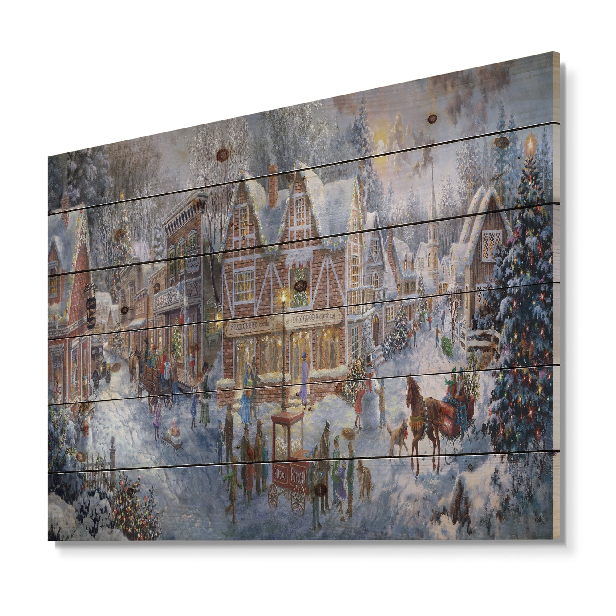 Designart 'Winter Christmas Shopping in snowy cottage with sleigh' Print on Natural Pine Wood