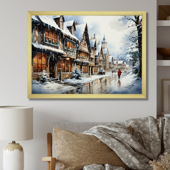 Designart "Winter Cityscape German Charm I" Landscapes Framed Wall Art Decor - Traditional White Winter Landscape Entryway Framed Wall Art Print
