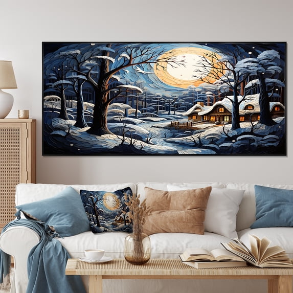 Designart "Winter Cottage Magic Christmas Scenery I" Extra Large Landscapes Framed Wall Art - Traditional Yellow Winter Landscape Entryway Framed Wall Art Print