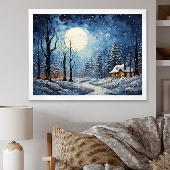 Designart "Winter Cottage Magic Christmas Scenery III" Landscapes Framed Wall Art Decor - Traditional Blue Winter Landscape Bedroom Framed Canvas Wall Art