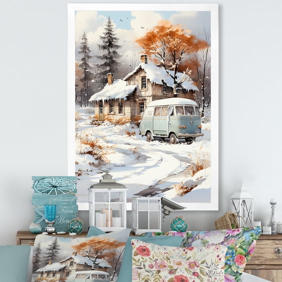 Designart "Winter Cottage Retreat II" Landscapes Framed Wall Art - Country White Camping Travel Bedroom Framed Canvas Wall Art