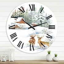 Designart 'Winter Cottage With Two Deers' Farmhouse Wall Clock