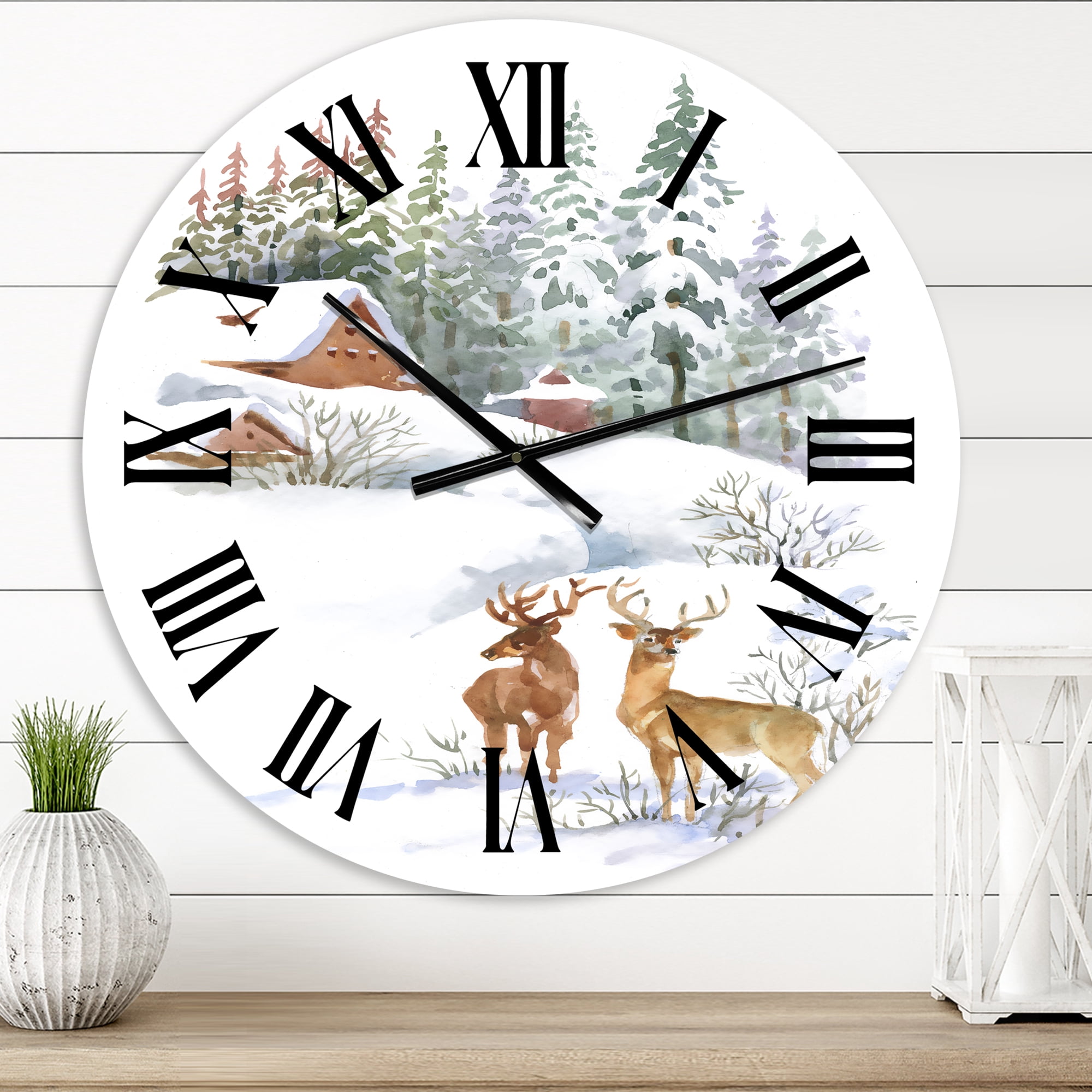 Designart 'Winter Cottage With Two Deers' Farmhouse Wall Clock