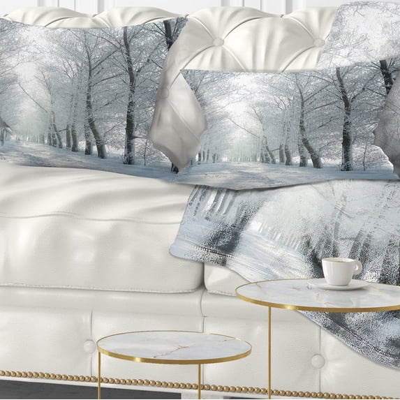 Designart Winter Country Lane on Frosty Morning - Forest Throw Pillow - 12x20