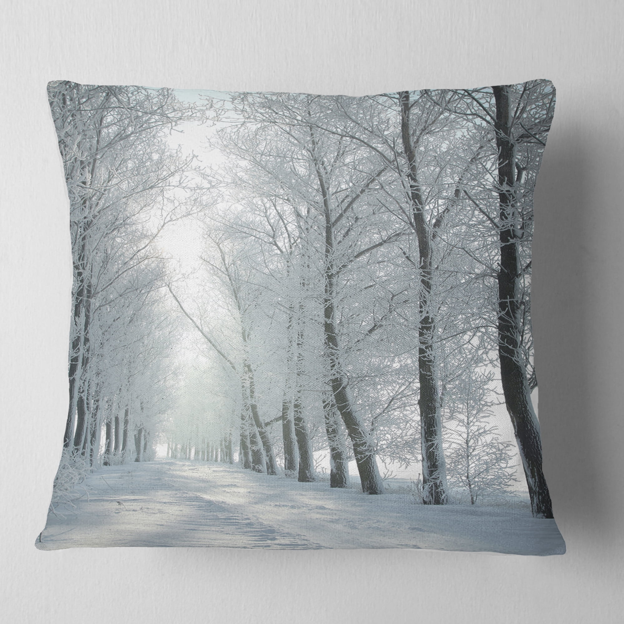 Designart Winter Country Lane on Frosty Morning - Forest Throw Pillow - 18x18