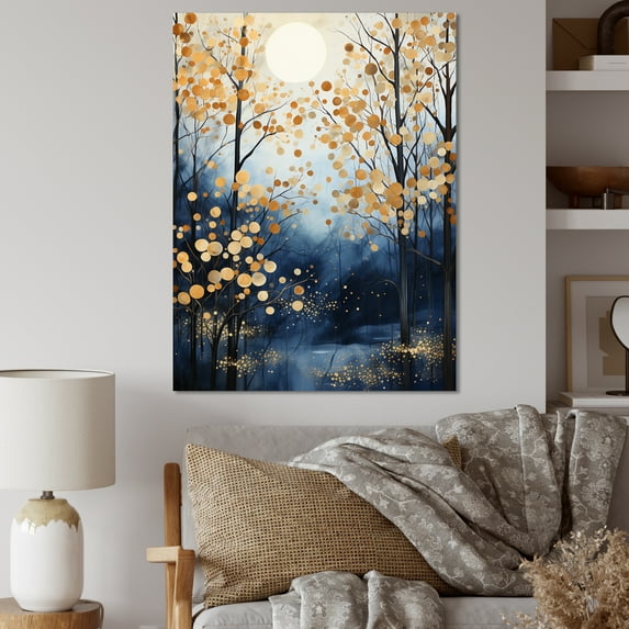 Designart "Winter Forest Elegance Gold & Blue Maple Trees III" Floral Canvas Wall Art - Traditional Gold Tree Maple Hallway Wall Art Decor