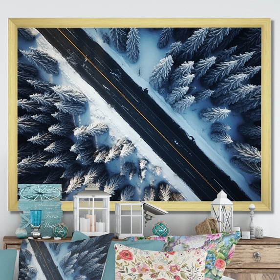 Designart "Winter Forest Journey Endless Road Ahead II" Landscapes Framed Wall Art Decor - Modern White Road Bedroom Framed Canvas Wall Art