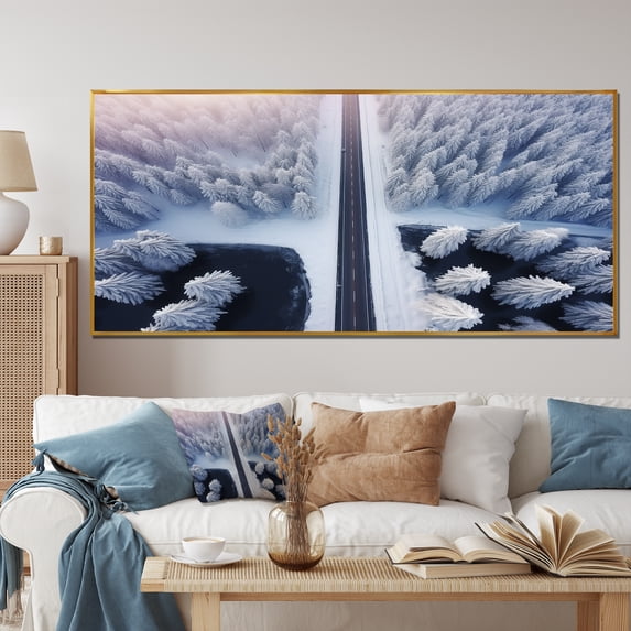 Designart "Winter Forest Journey Endless Road Ahead III" Extra Large Landscapes Framed Wall Art - Modern White Road Living Room Framed Canvas Art