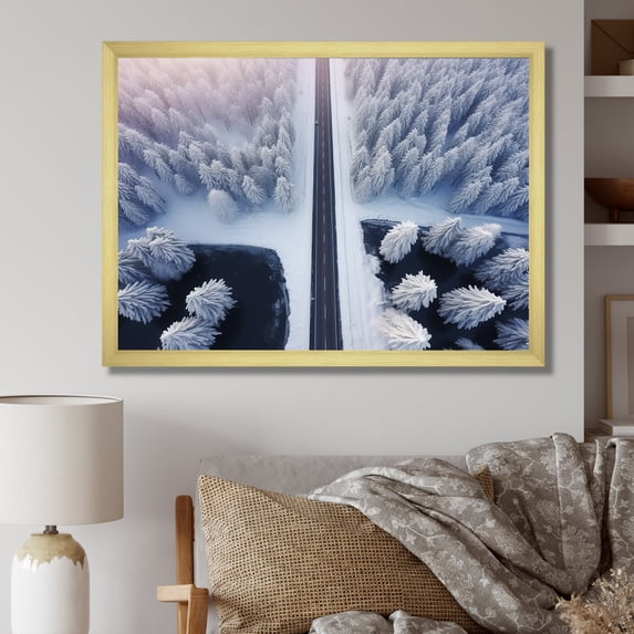 Designart "Winter Forest Journey Endless Road Ahead III" Landscapes Framed Wall Art Decor - Modern White Road Living Room Framed Canvas Art